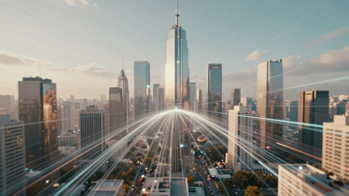 Futuristic cityscape with digital assets