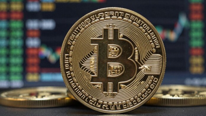 Cryptocurrency coin with financial background.