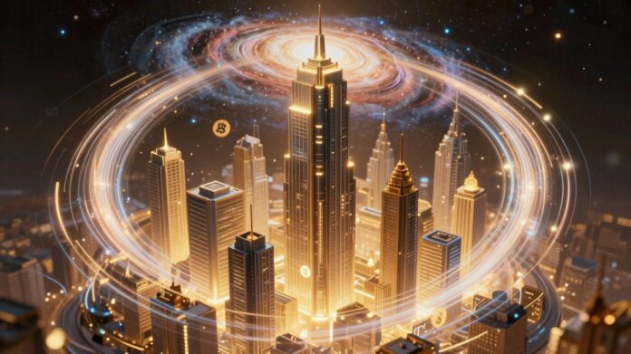 Futuristic cityscape with galaxy and crypto symbols.