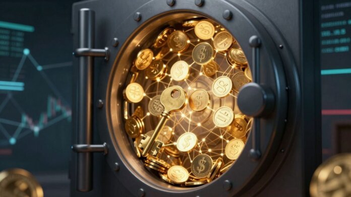 Digital vault with glowing tokens and a golden key.