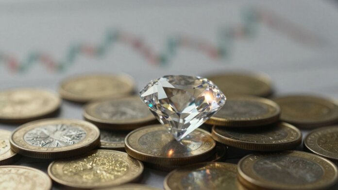 Diamond on gold coins, financial investment concept.
