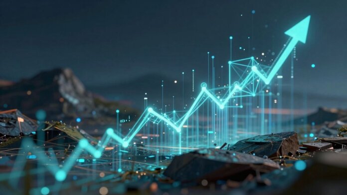 Futuristic digital asset landscape with glowing streams.