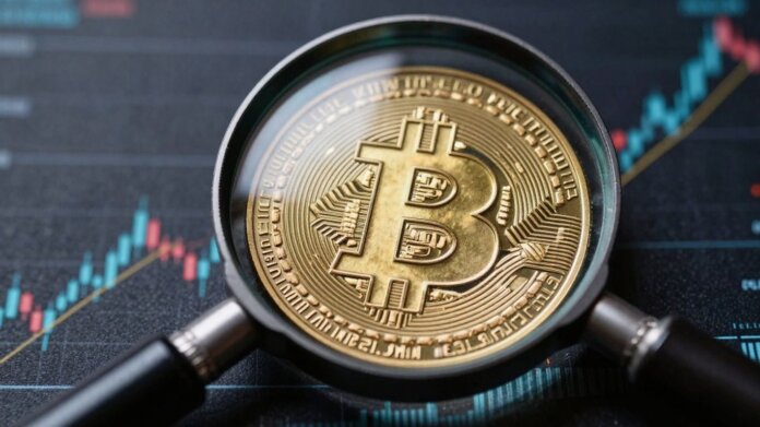 Bitcoin symbol with magnifying glass, financial background.