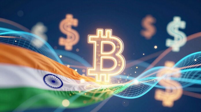 Indian flag amidst glowing cryptocurrency symbols in a digital landscape.