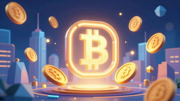 Glowing cryptocurrency icons and golden coins above a cityscape.