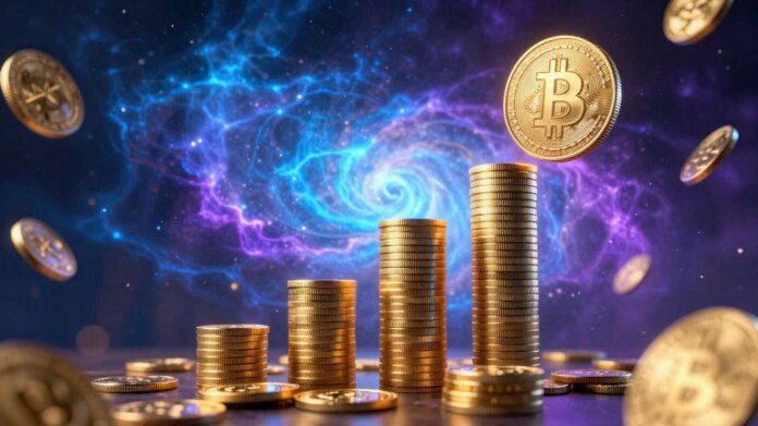 Digital currency soaring upwards in a cosmic background.