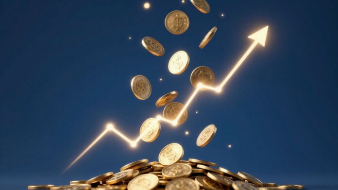 Golden coins falling with upward financial trends.