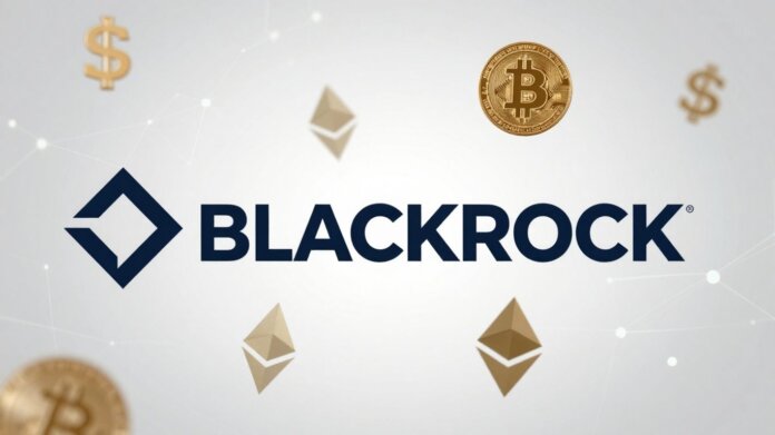BlackRock logo with digital currency symbols.