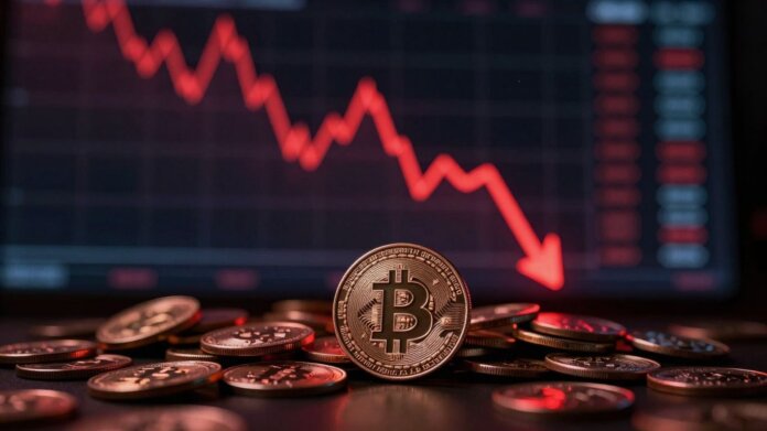 Falling cryptocurrency coins and a cracked Bitcoin.