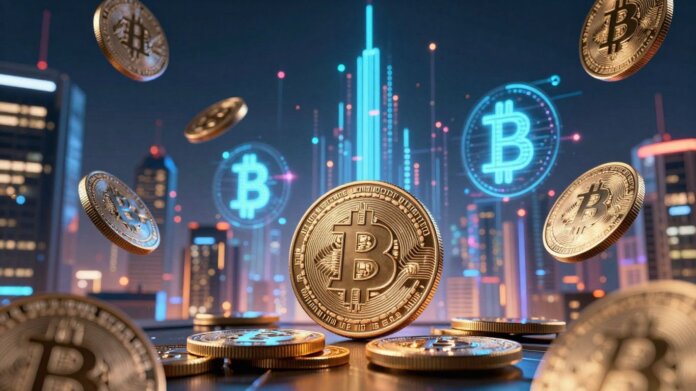 Futuristic cityscape with glowing cryptocurrency symbols and floating coins.
