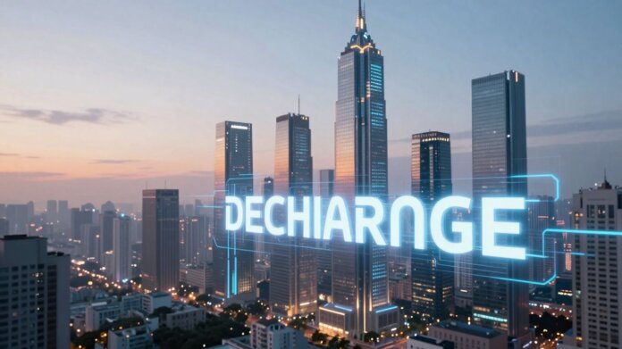 Futuristic cityscape with digital streams and abstract exchange.