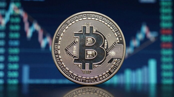 Fidelity Bitcoin ETF coin with abstract financial background.