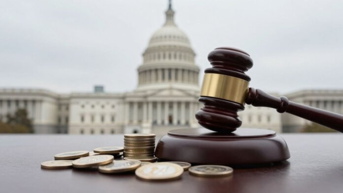 US Senate building with digital coins and a gavel.